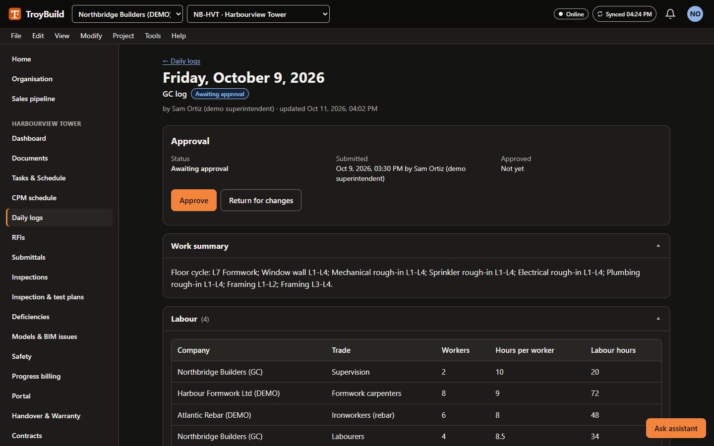 A daily log awaiting approval, with the work summary and labour by company and trade.