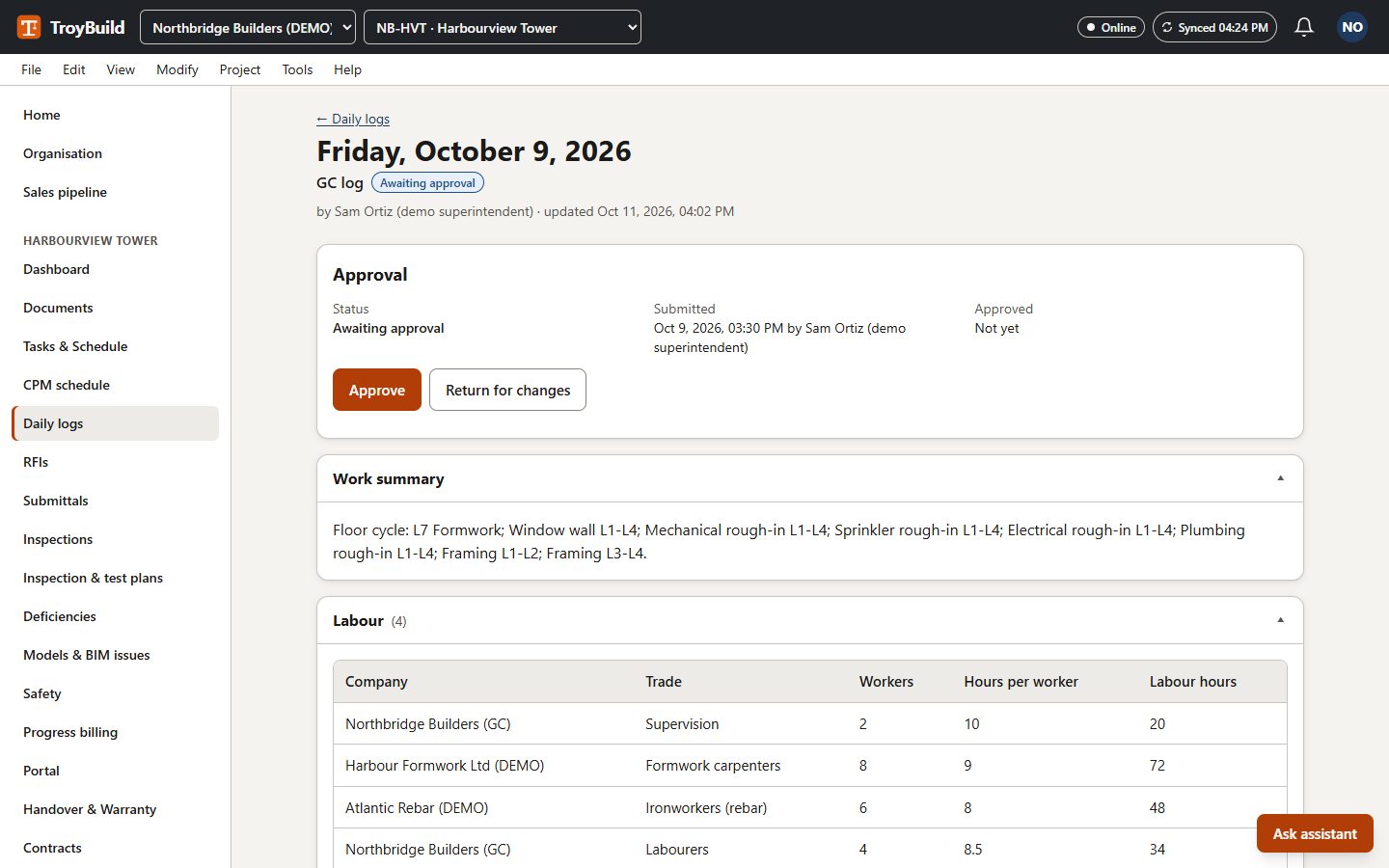 A daily log awaiting approval, with the work summary and labour by company and trade.