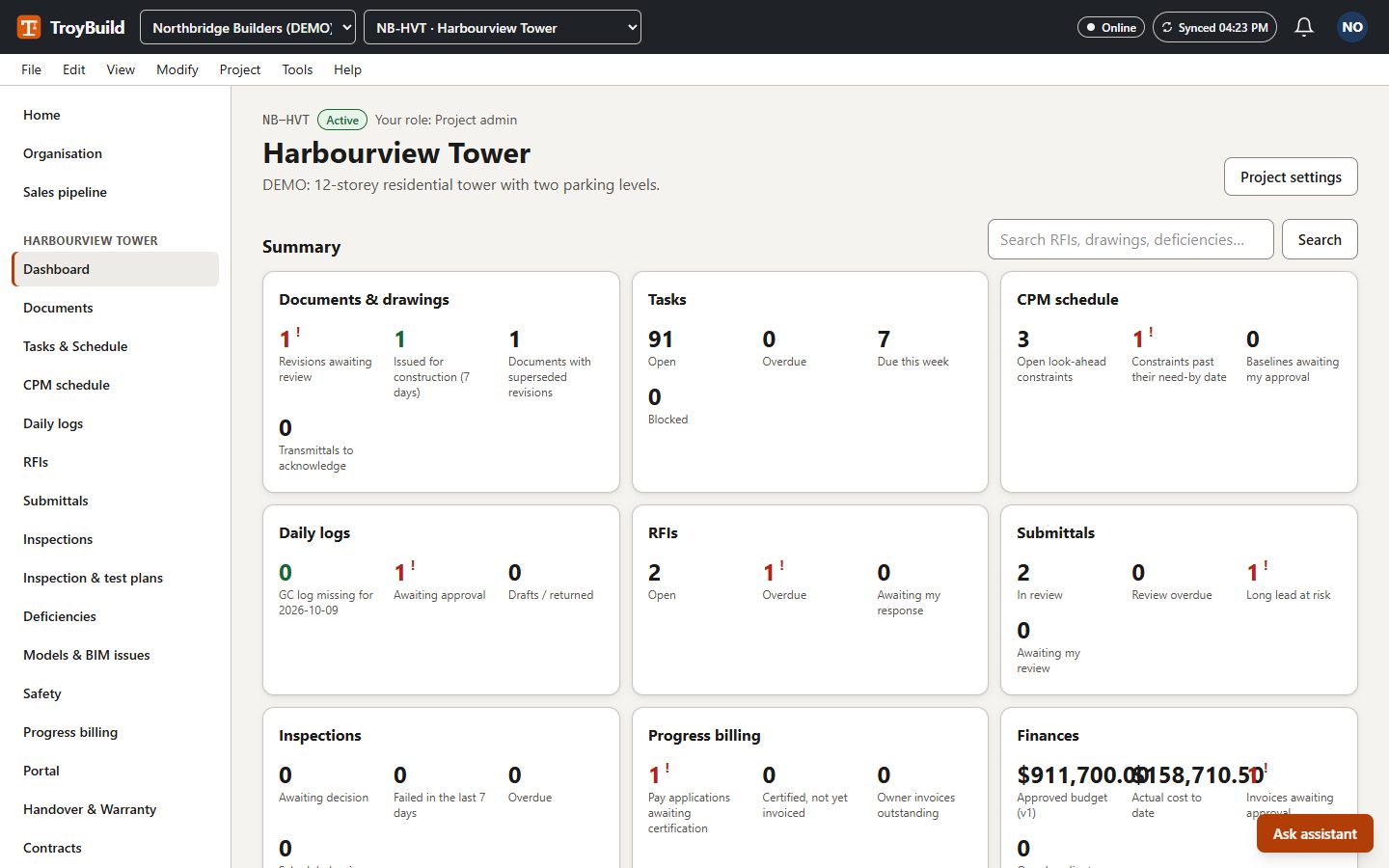 A project dashboard with summary cards for documents, tasks, the CPM schedule, daily logs, RFIs and submittals of a demo high-rise project.